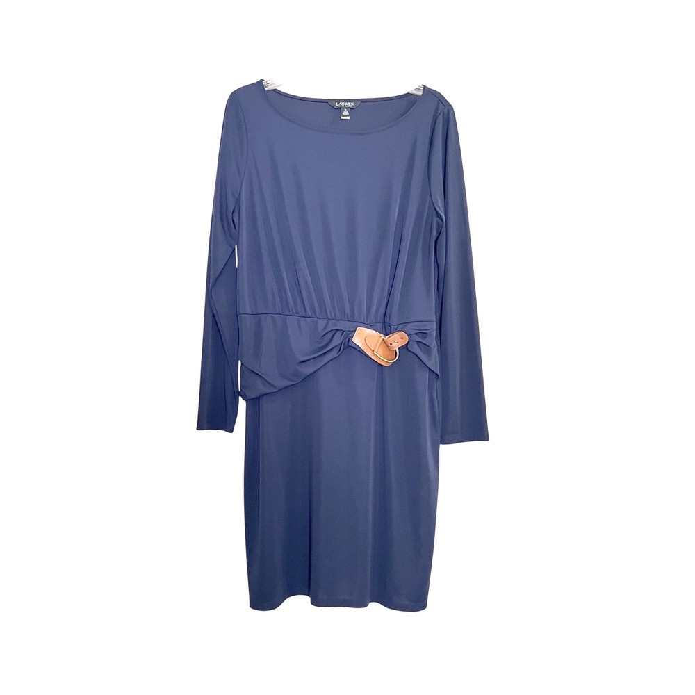 LRL Navy Blue Long Sleeve Ruched Buckle Dress Sz 14 EUC Wedding Guest Work
